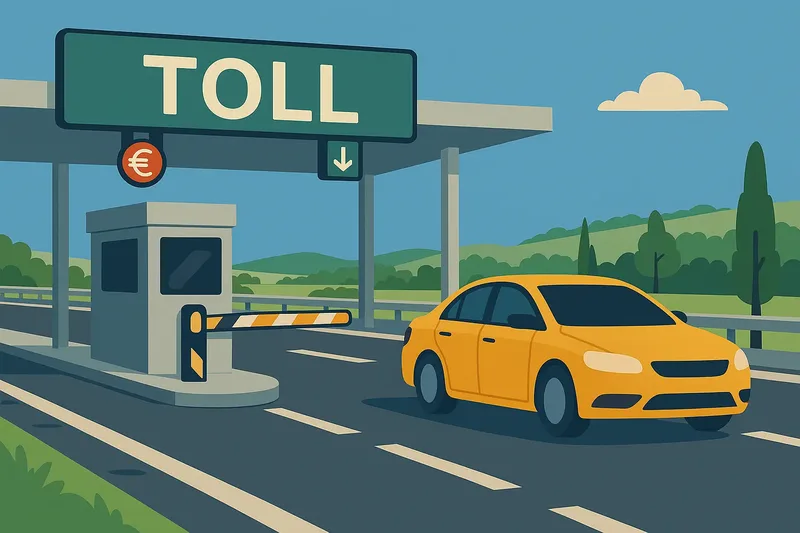 Bil passerar tullstation på europeisk motorväg